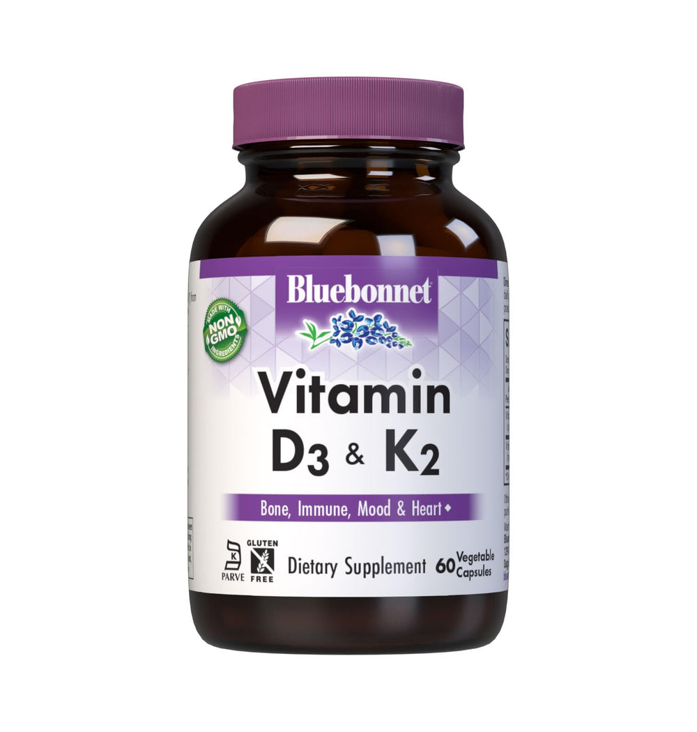 BlueBonnet Vitamin D3 & K2 bottle highlighting soy-free, gluten-free formula.