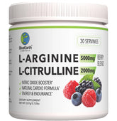 BlueEarth L-Arginine + L-Citrulline powder bottle shows a pure formula for healthier blood flow.