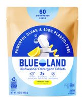 BLUELAND dishwasher tablets with Lemon Zest scent provide plastic-free, powerful cleanup.