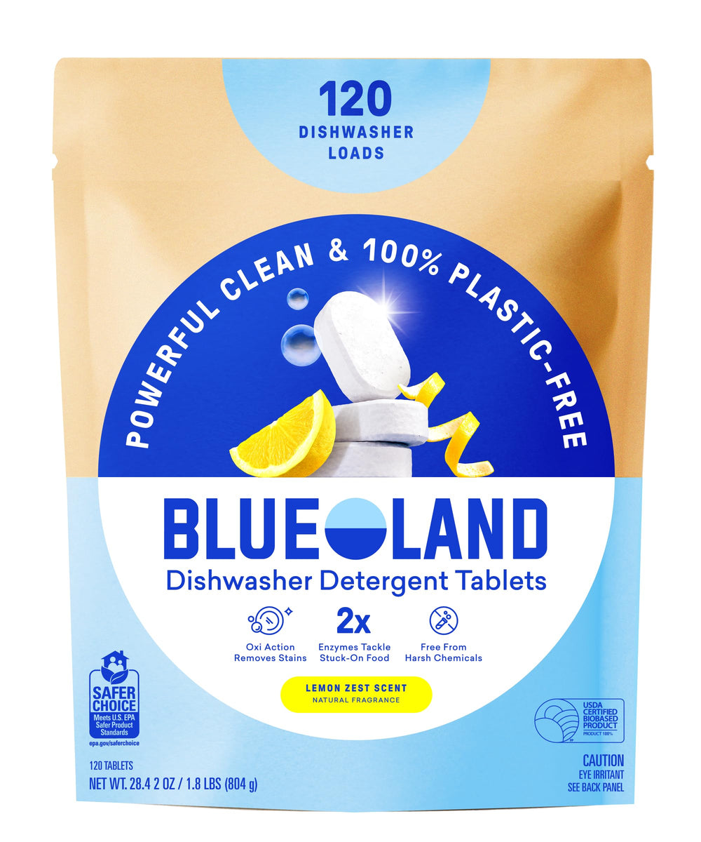 Blueland lemon-zest dishwasher tablets ready to clean dishes.