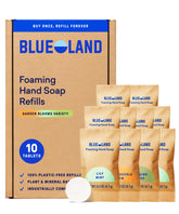 BLUELAND foaming hand soap tablet dissolving in water to create rich foam.