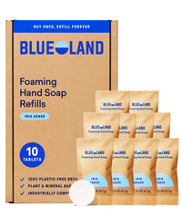 BLUELAND foaming hand soap refill tablet dissolving, convenient eco-friendly cleanup with minimal plastic waste.