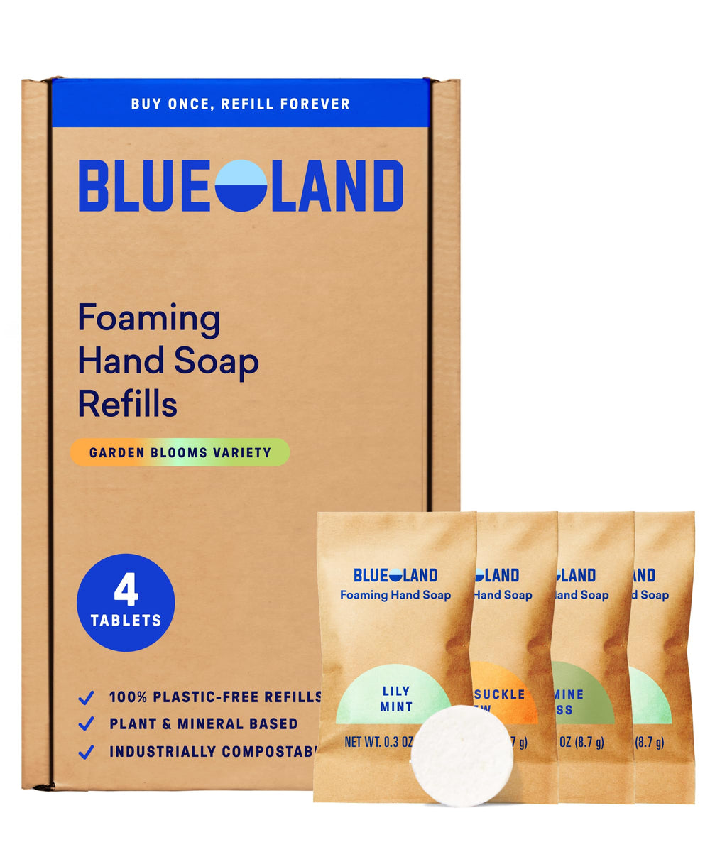 BLUELAND foaming hand soap refill tablet Lily Mint showing plastic-free format and scent