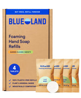 BLUELAND foaming hand soap refill tablet Lily Mint showing plastic-free format and scent