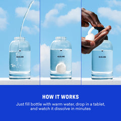 BLUELAND refill tablet dissolving in water to create rich foaming hand soap
