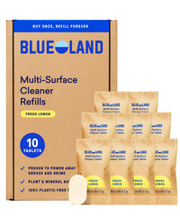BLUELAND tablet dissolving in water to create all-purpose cleaner.