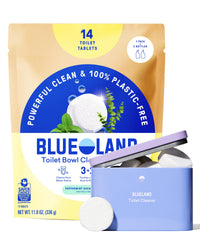 BLUELAND toilet bowl cleaner tablets in tin showing plastic-free packaging and easy bathroom cleaning