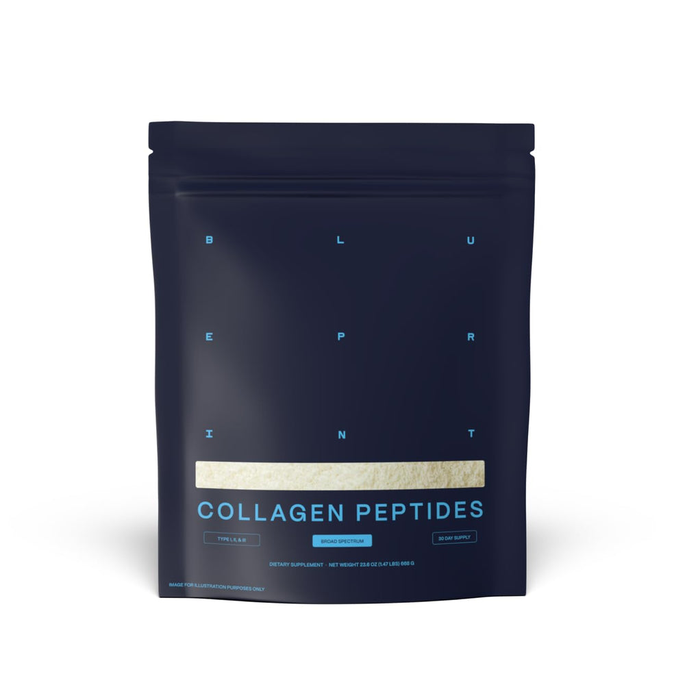 Blueprint Bryan Johnson collagen powder bottle with label highlighting 20g serving for daily support