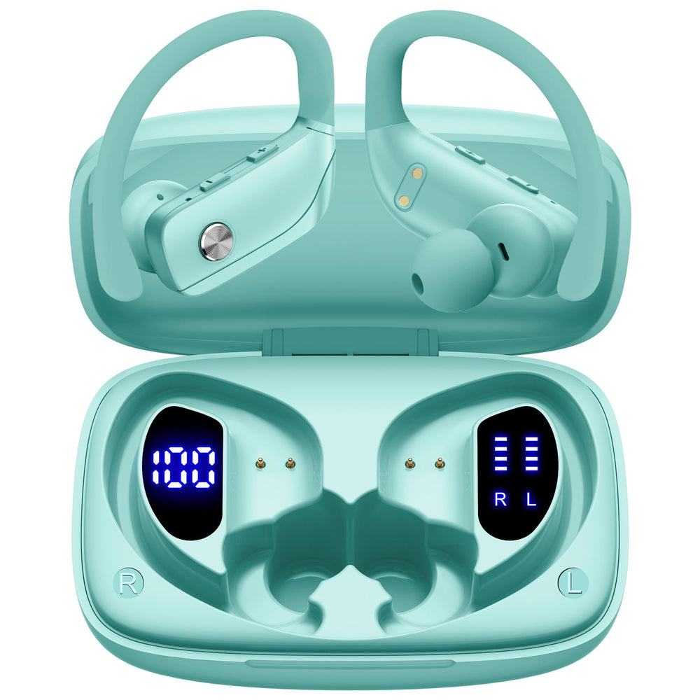 bmani Ear Buds mint green charging case display shows remaining power for easy travel