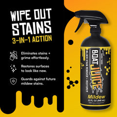 Boat Juice marine-vinyl-cleaner restores shine on boat interior fabrics.