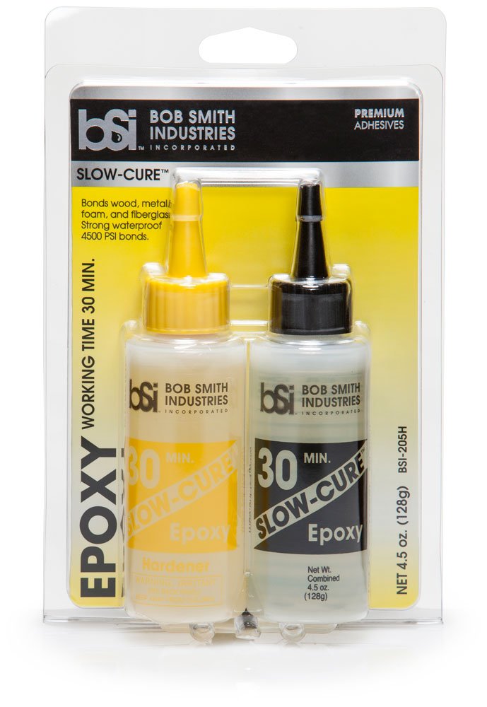Bob Smith Industries Slow-Cure epoxy bottle for precise bonding and gap filling in DIY projects.