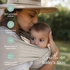 The wrap demonstrates hip-healthy position for ergonomic daily carries.
