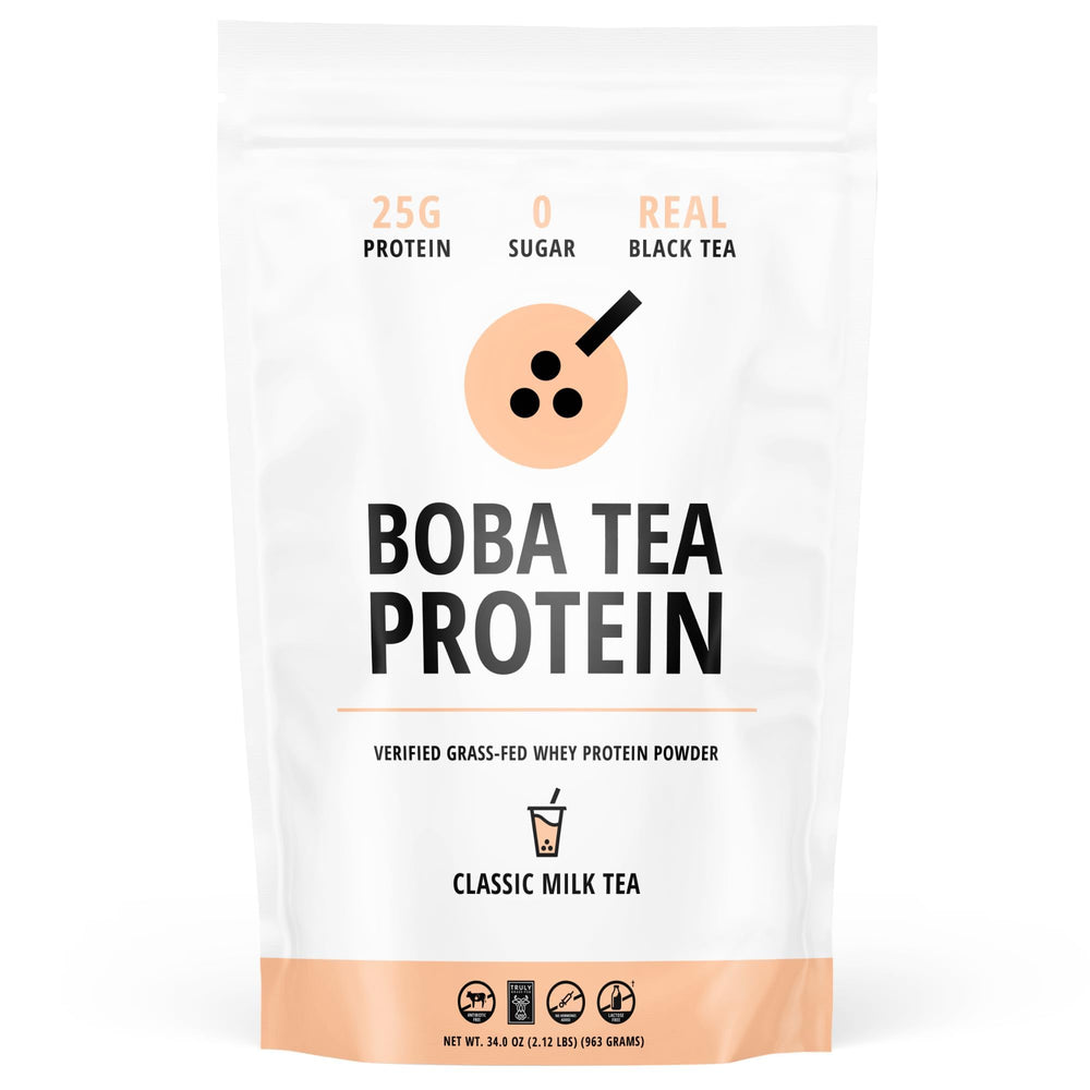 Boba Tea Protein Classic Milk Tea tub shows protein-packed powder for post-workout shakes