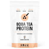 Boba Tea Protein Classic Milk Tea tub shows protein-packed powder for post-workout shakes