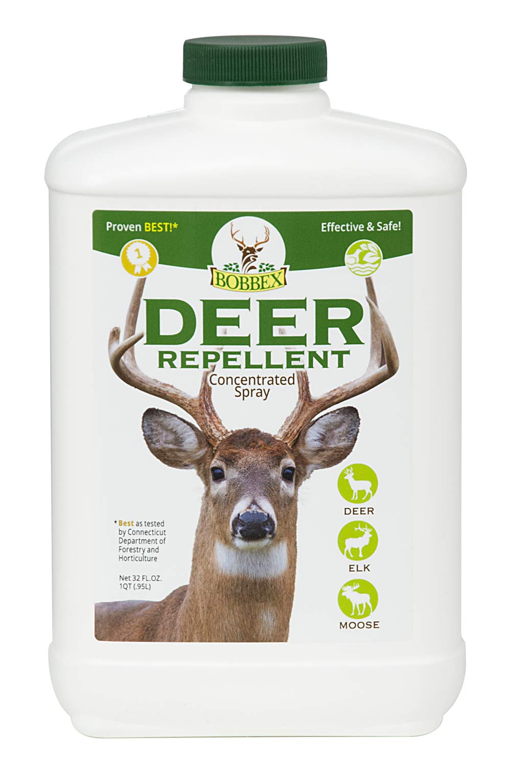 Bobbex Concentrated Deer Repellent applied to foliage deters deer.
