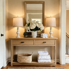 BOBOMOMO Tradition linen-washed shade provides warm ambiance when lit.