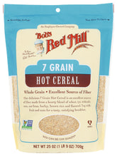 Bob's Red Mill 7 Grain Hot Cereal packaging highlights a fiber-rich multigrain breakfast option.