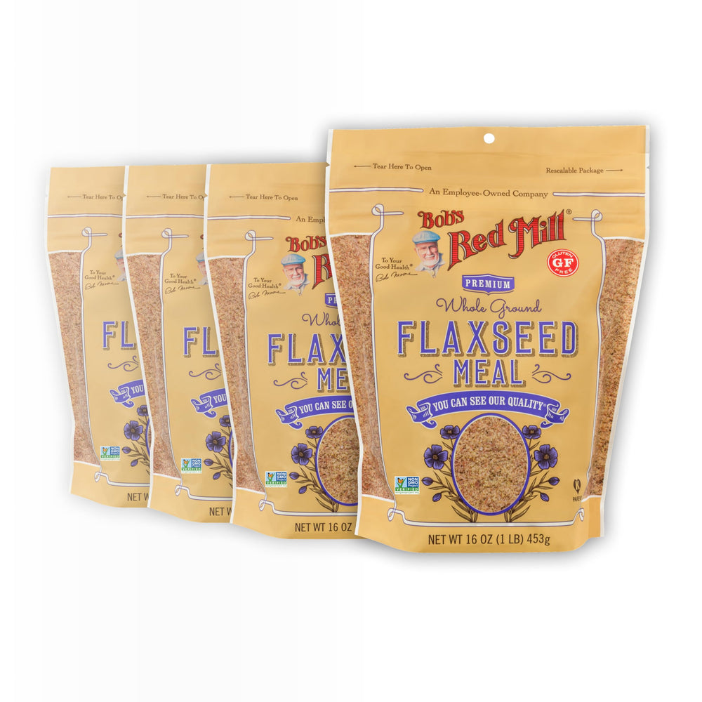 Bob's Red Mill Flaxseed Meal 4-pack label highlights non-GMO and gluten-free benefits