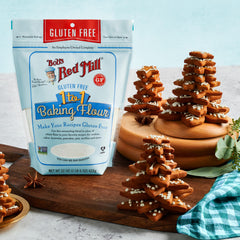 Bob's Red Mill measuring cups alongside flour encourage 1-to-1 substitutions.