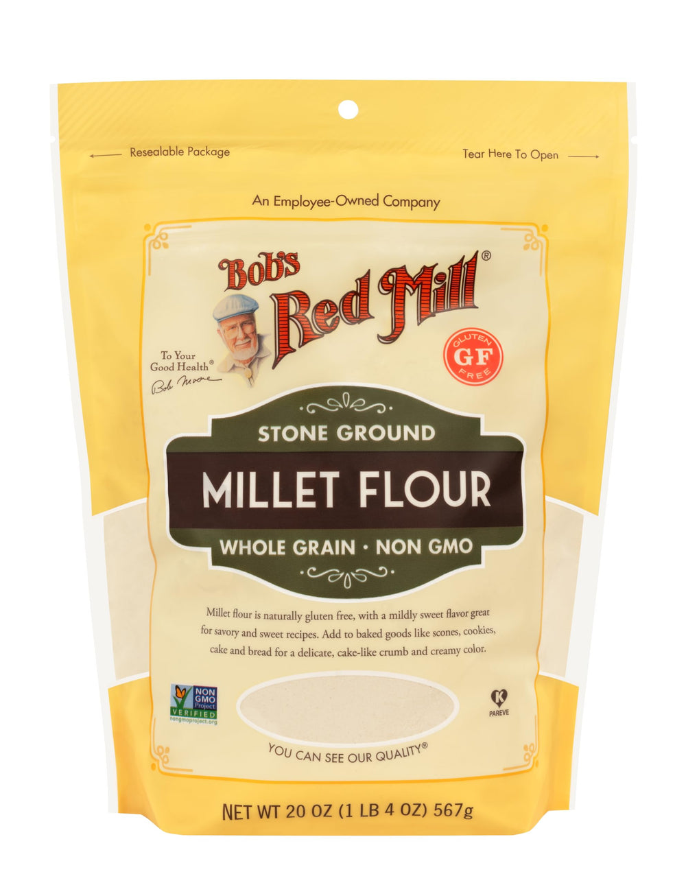 Bob's Red Mill millet flour stone-ground bag shows whole grain goodness for gluten-free baking