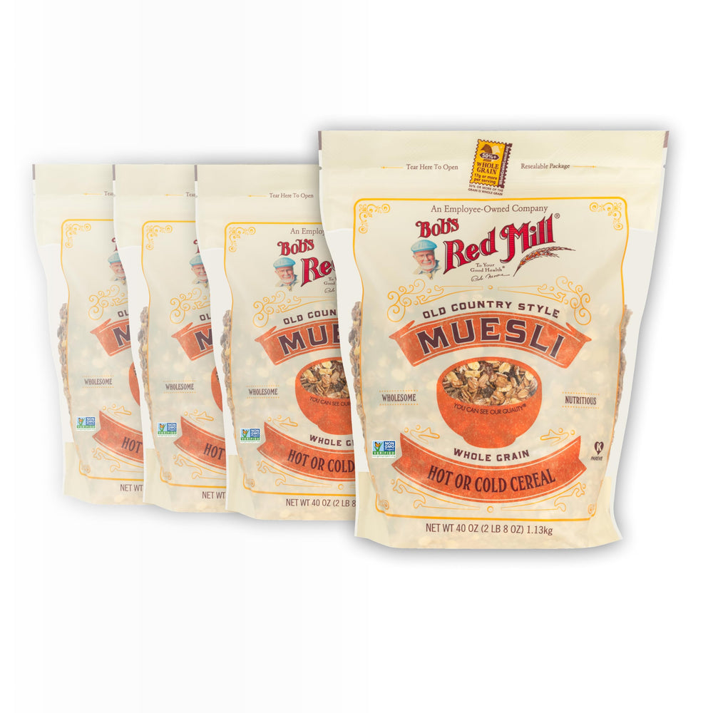 Bob's Red Mill Old Country Style Muesli packaging in a four-pack for pantry-friendly breakfasts.
