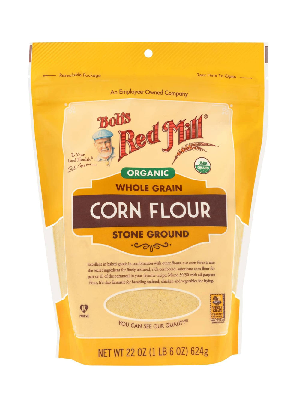 Bob's Red Mill Organic Corn Flour bag ready for fresh cornbread, muffins, or tortillas.