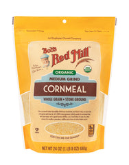 Bob's Red Mill cornmeal muffins and pancakes ready to mix in a bowl shot