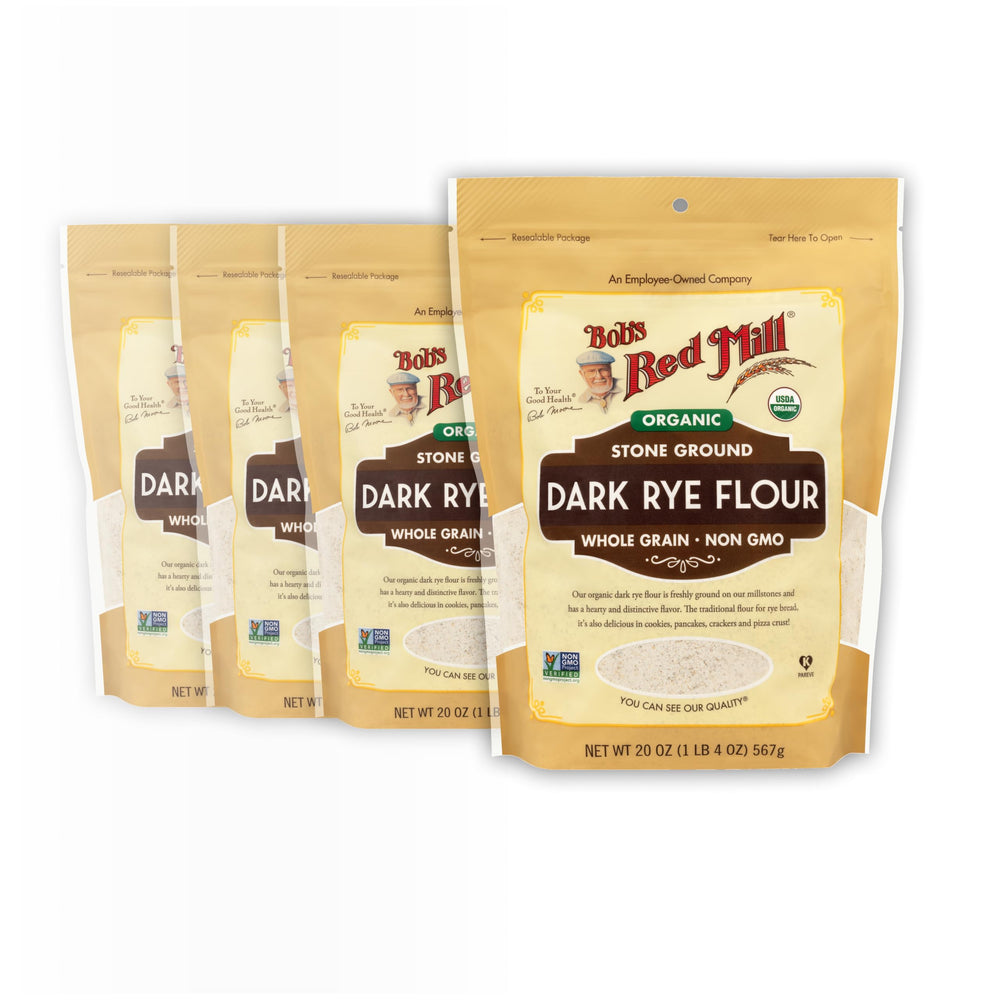 Bob's Red Mill Organic Dark Rye Flour packaging highlights whole grain goodness