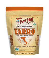 Bob's Red Mill Organic Farro salad bowl with Mediterranean textures.