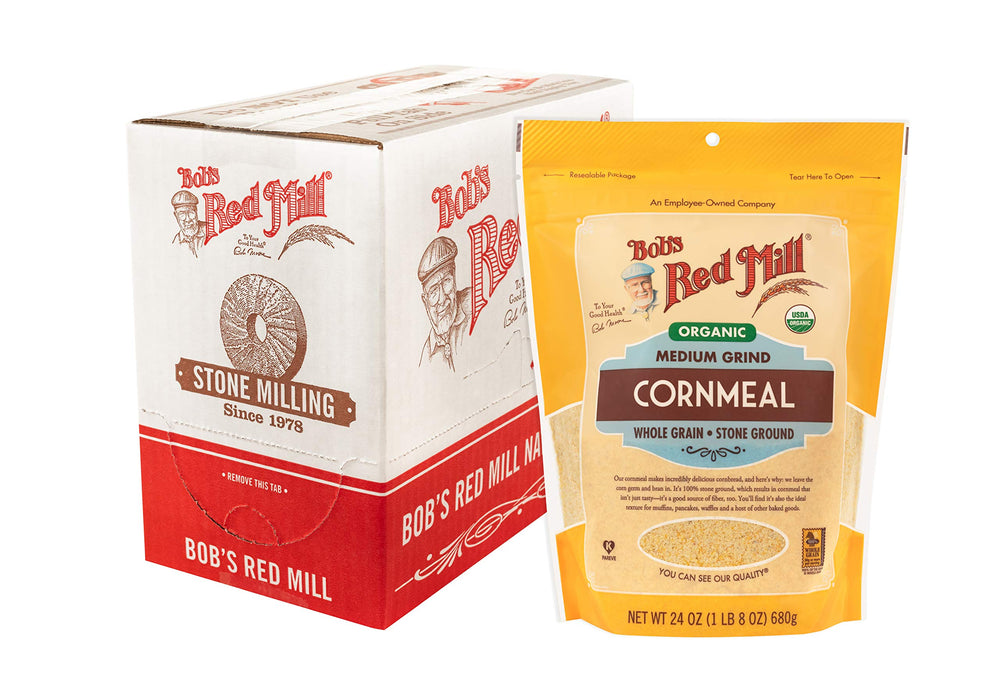 Bob's Red Mill Organic cornmeal 4-pack front view with resealable bag for easy storage