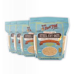 Bob's Red Mill steel cut oats four-pack label, pantry-ready.