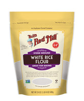 Bob's Red Mill White Rice Flour packaging shown as a gluten-free baking staple.