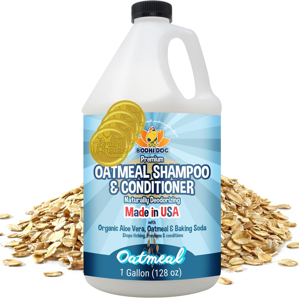 Bodhi Dog Organic Oatmeal Shampoo bottle shows hypoallergenic formula for sensitive skin