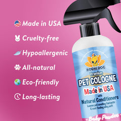 Bodhi Dog premium dog cologne label highlights USA-made, natural formula.