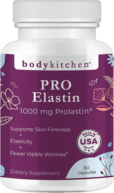 Body Kitchen Pro-Elastin bottle closeup showing premium formula for skin elasticity support.