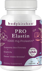 Body Kitchen Pro-Elastin bottle closeup showing premium formula for skin elasticity support.