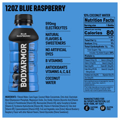 BODYARMOR blue raspberry pour highlights natural coconut water flavor.
