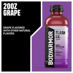 BodyARMOR Flash I.V. Grape bottle side angle emphasizes electrolyte replenishment