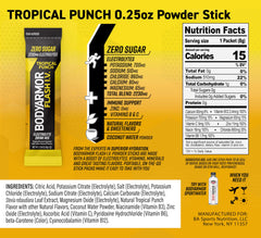 BODYARMOR Flash IV Tropical Punch powder dissolving in water for a refreshing electrolyte drink