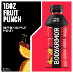 Athlete-ready BODYARMOR Fruit Punch bottle for rapid electrolyte intake.