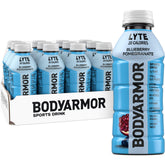 BODYARMOR LYTE blueberry-pomegranate bottle on gym shelf for post-workout hydration