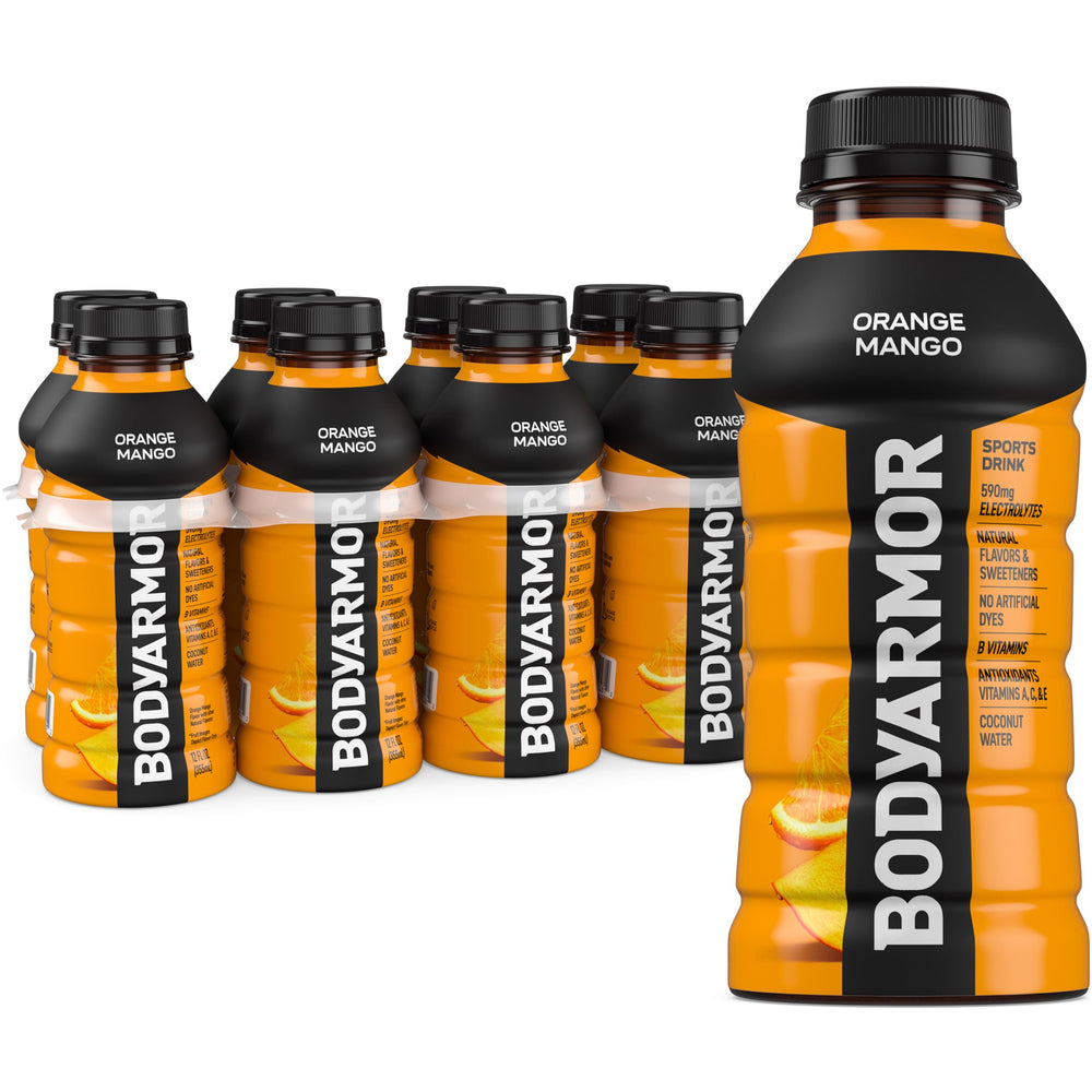 BODYARMOR Orange Mango bottle front view highlighting electrolytes for hydration.