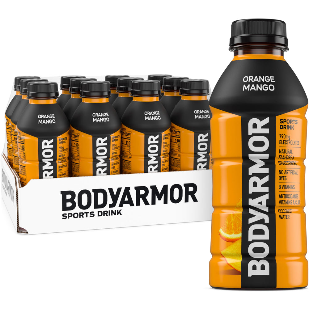 BODYARMOR Orange Mango bottle front view highlighting natural flavors for hydration.
