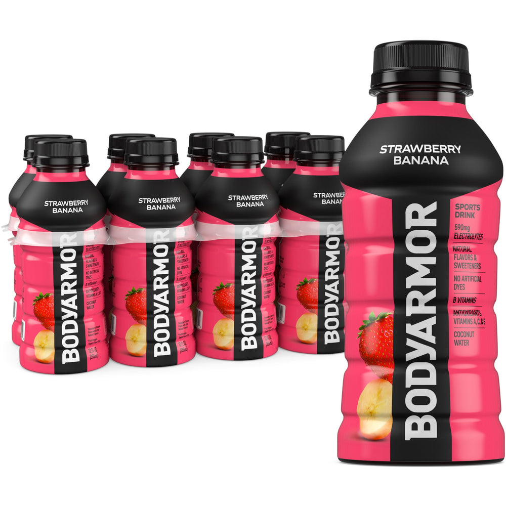 BODYARMOR Strawberry Banana bottle close-up highlighting natural flavor and hydration benefits.