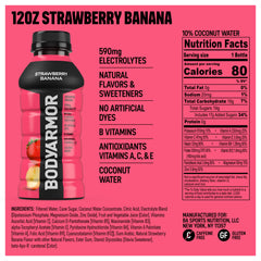 BODYARMOR Strawberry Banana label detail showcasing antioxidants and coconut water base.