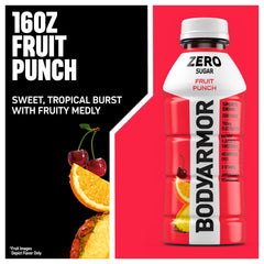 BODYARMOR Zero Sugar Fruit Punch label close-up highlights natural flavors and antioxidants