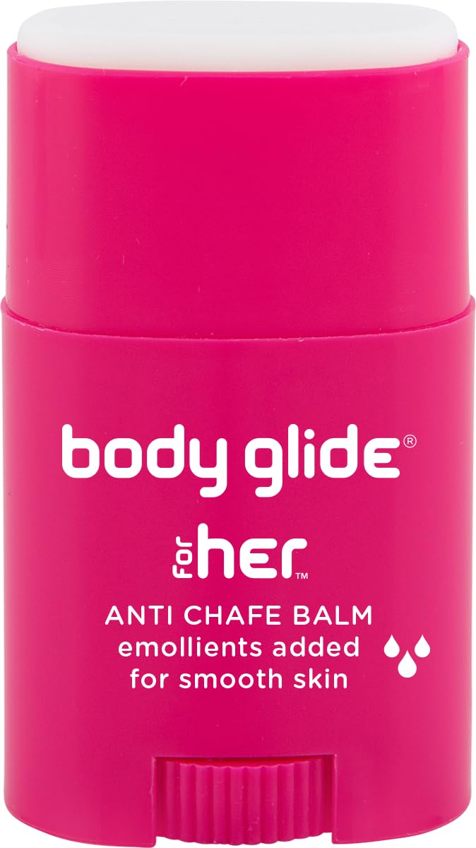 BodyGlide For Her balm bottle pour demonstrates quick barrier protection for sensitive skin.