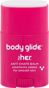 BodyGlide For Her balm bottle pour demonstrates quick barrier protection for sensitive skin.