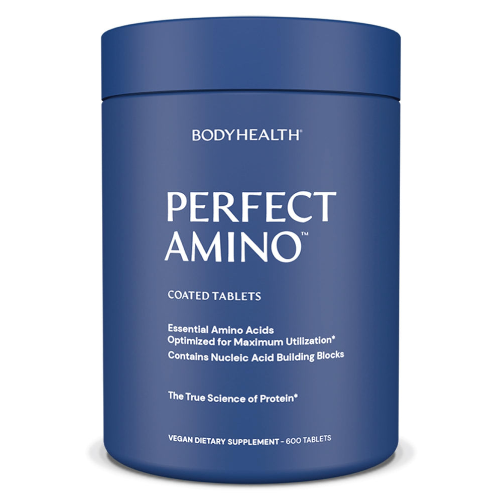 BodyHealth PerfectAmino 600 ct bottle promotes vegan amino acid support for workouts