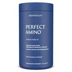 BodyHealth PerfectAmino bottle and packaging for easy, vegan tablets.